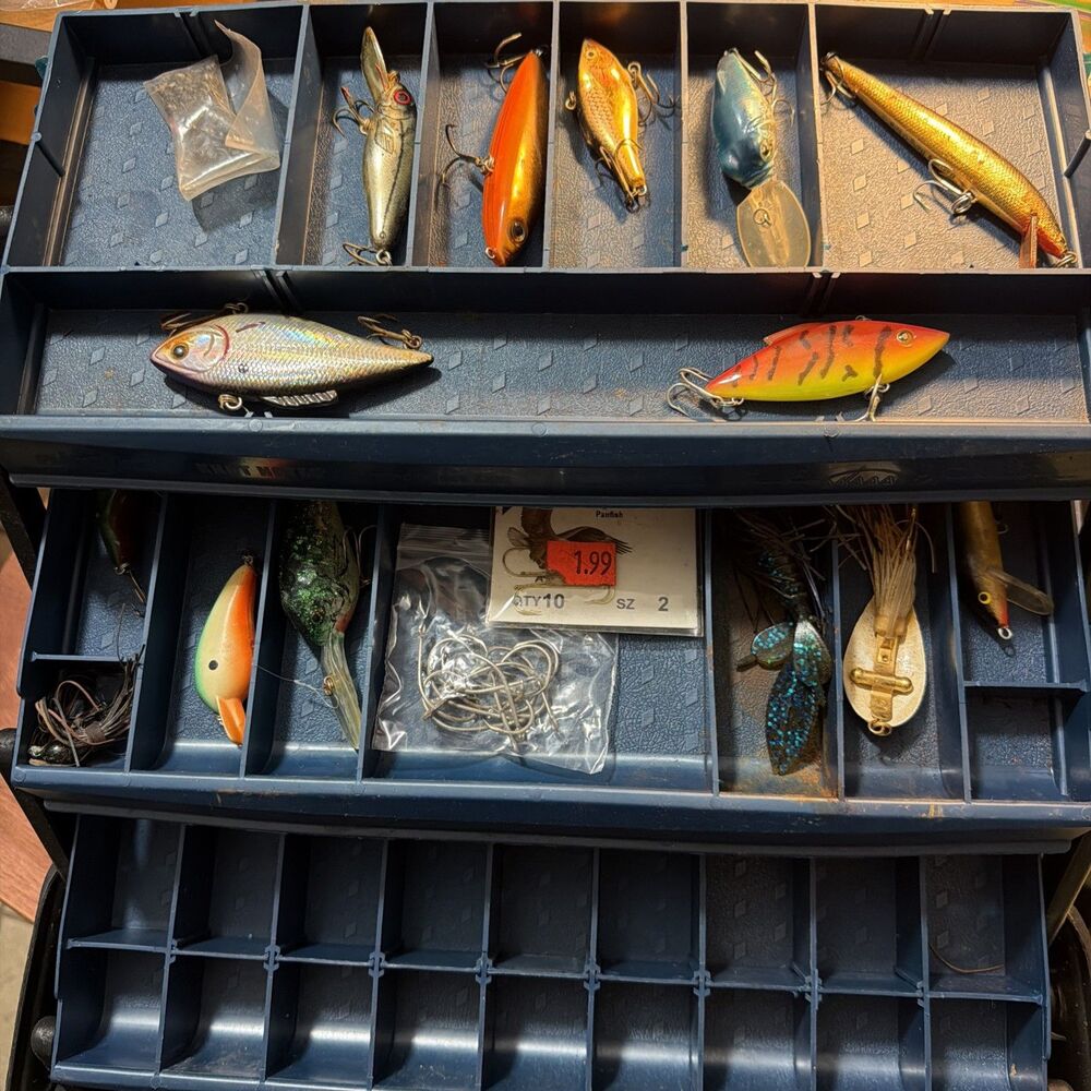 Fishing Tackle Box Filled With Tackle Lures Worms Sinkers Hooks